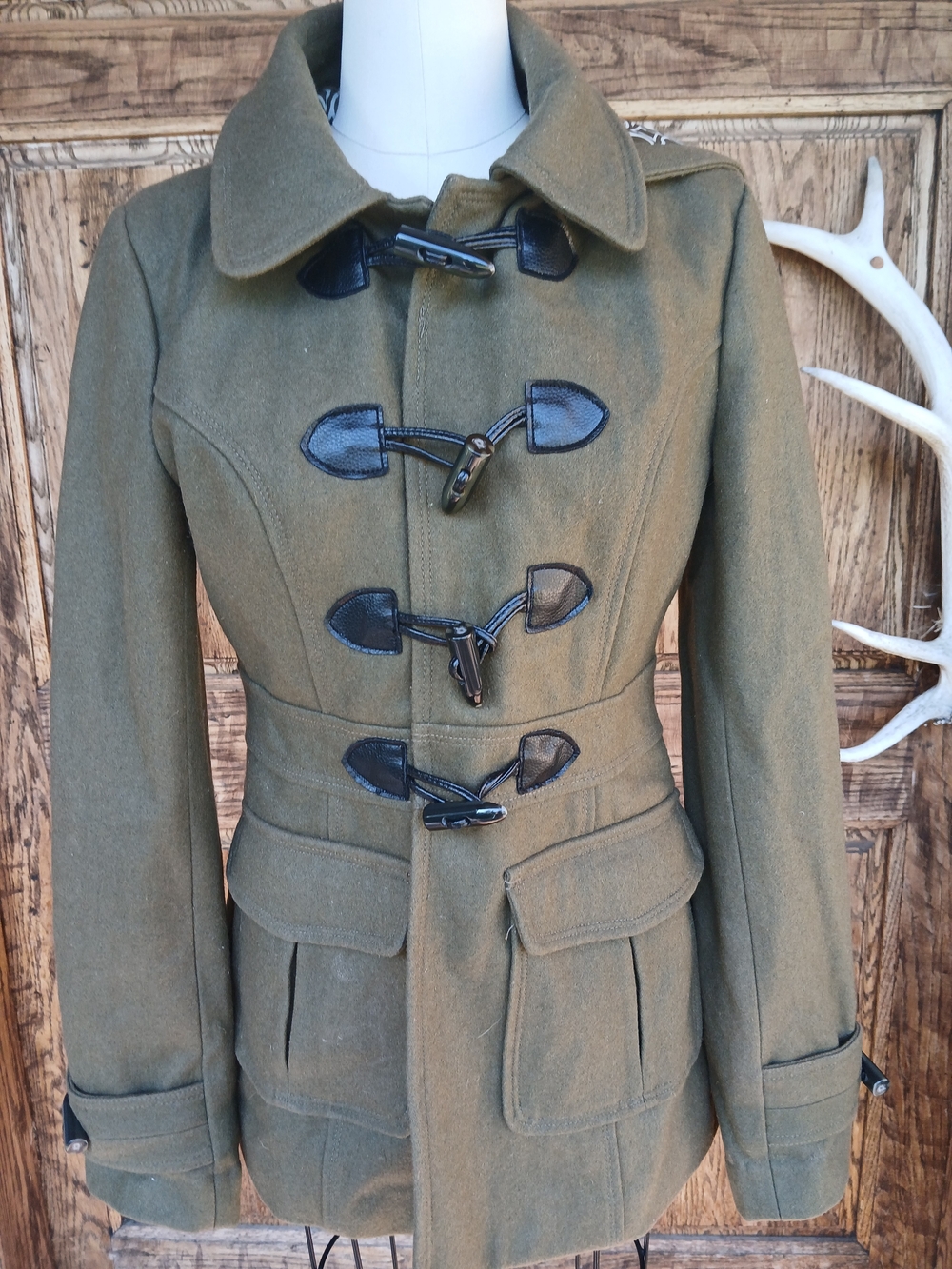 Tulle Anthropologie Green Wool Blend Toggle Duffle Coat Jacket Size M
